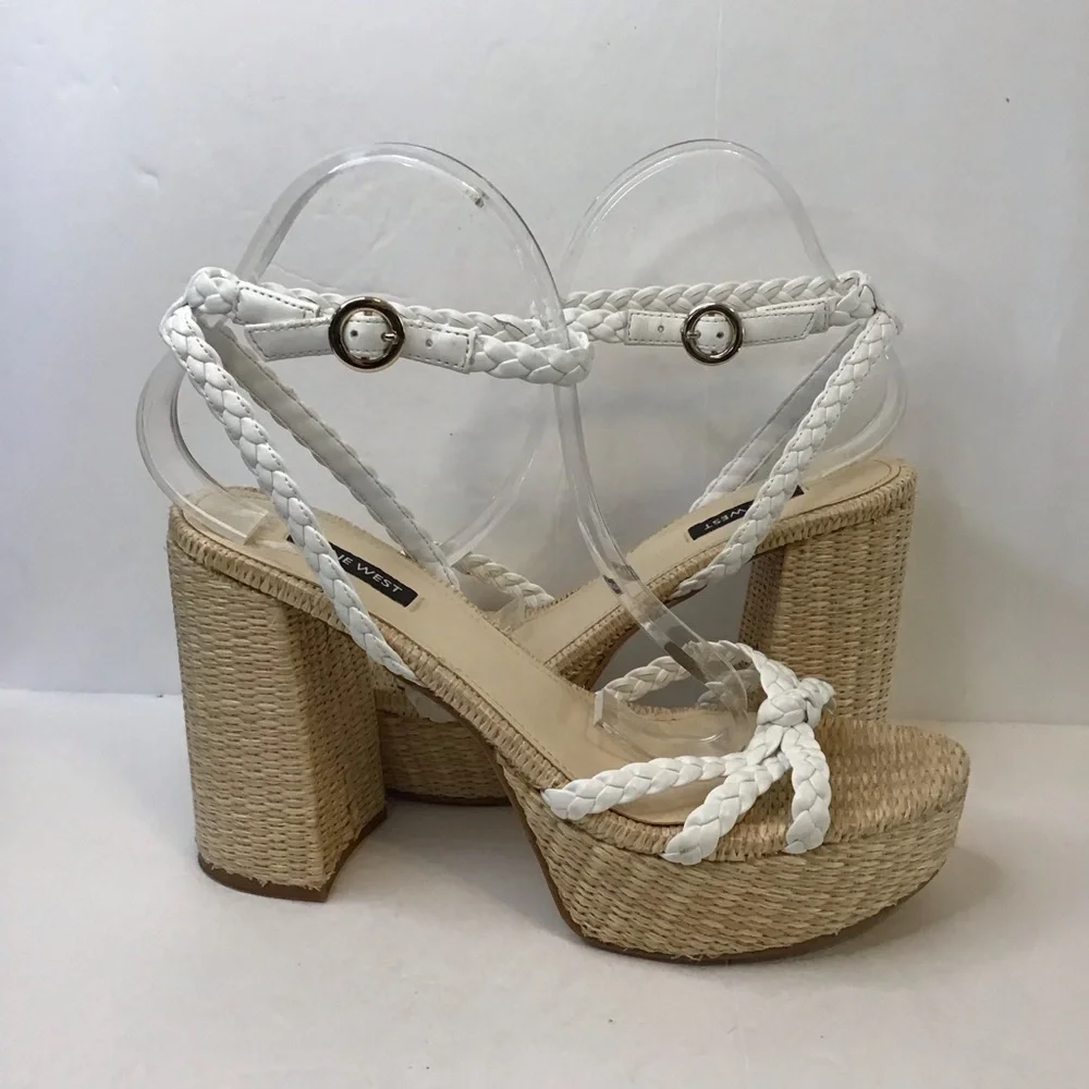 NINE WEST Women's RYLIN White Tan Raffia Chunky Platform Sandals 10